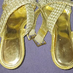 Pale Gold & Beige Platform Wedge Sandals